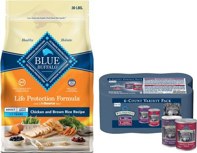 Paquete: Alimento húmedo Blue Buffalo Wilderness con carne de res y salmón + Alimento seco para perros de razas grandes con receta de pollo y arroz integral Life Protection Formula