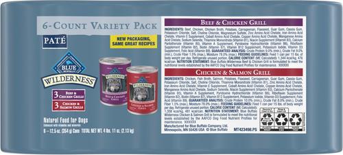 Paquete: Alimento húmedo Blue Buffalo Wilderness con carne de res y salmón + Alimento seco para perros de razas grandes con receta de pollo y arroz integral Life Protection Formula