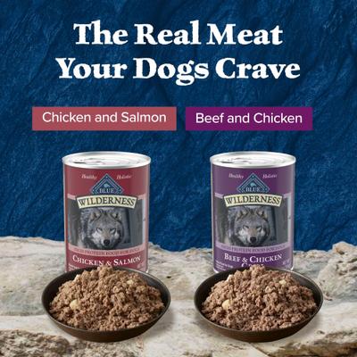 Paquete: Alimento húmedo Blue Buffalo Wilderness con carne de res y salmón + Alimento seco para perros de razas grandes con receta de pollo y arroz integral Life Protection Formula