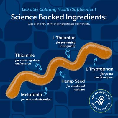 NaturVet, Calming Lickable, suplemento calmante con L-triptófano y melatonina para perros, sabor mantequilla de cacahuate, 189 ml
