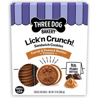 Galletas tipo sándwich de algarroba y mantequilla de cacahuete Lick'n Crunch para perros, caja de 13 oz
