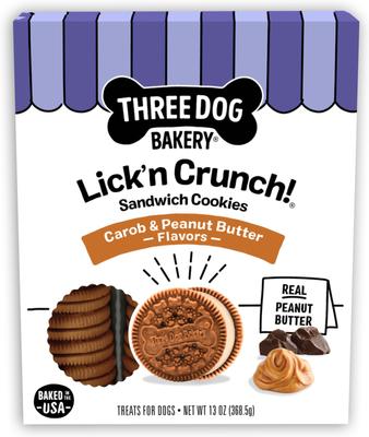 Galletas tipo sándwich de algarroba y mantequilla de cacahuete Lick'n Crunch para perros, caja de 13 oz