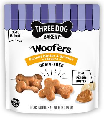 Golosinas para perros Soft Baked Woofers con mantequilla de cacahuete y plátano sin cereales, bolsa de 36 oz