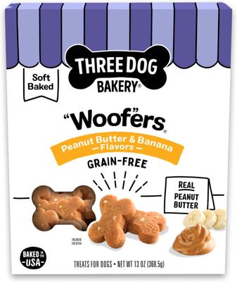 Golosinas para perros Soft Baked Woofers con mantequilla de cacahuete y plátano sin cereales, caja de 13 oz