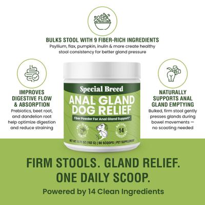Anal Gland Relief Fiber Powder Digestive Aid Supplement for Dogs, 5.71-oz jar, 60 scoops