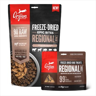 Paquete: Alimento liofilizado ORIJEN Regional Red Epic Bites, bolsa de 170 g. Premios liofilizados para perros Regional Red sin cereales y con alto contenido proteico, bolsa de 40 g.