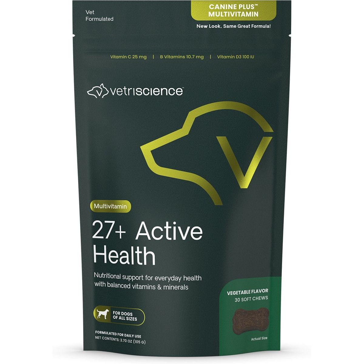 Canine Plus 27+ Active Health Chews Daily Multivitamin Supplement, sabor Vegetales. 30 chews.