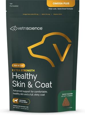 Omega Plus Extra Strength - Masticables con sabor a pato para piel y pelaje saludables, suplemento de omega-3 para perros, 40 unidades