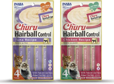 Paquete: Puré cremoso de atún Inaba Churu + premios para lamer con receta de pollo para el control de bolas de pelo para gatos