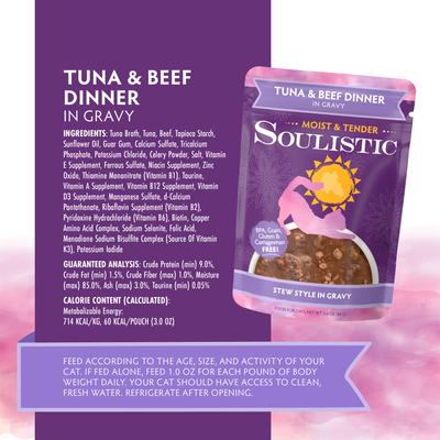 Comida húmeda para gatos Moist & Tender Tuna & Beef Dinner en salsa, bolsa de 3 oz, caja de 8