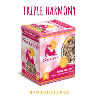 Comida húmeda para gatos Originals Triple Harmony con pollo, salmón y atún en salsa, bolsa de 3 oz, caja de 8