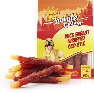 Palitos de bacalao envueltos en pato sin cuero crudo, premios para perros, bolsa de 10.6 oz