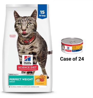 Bundle: Hill's Science Diet Adult Perfect Weight Chicken Recipe Dry Cat Food, 15-lb bag + Hill's Science Diet Adult 7+ Savory Chicken Entree Canned Cat Food, 5.5-oz, case of 26