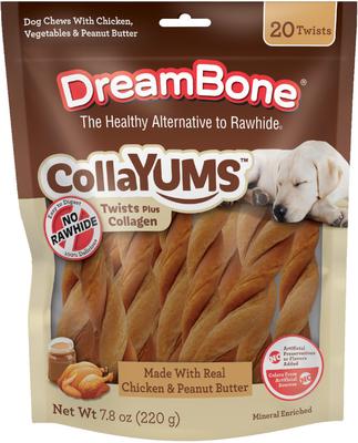 CollaYUMS Twists Plus - Golosina masticable para perros con sabor a pollo y mantequilla de maní y colágeno, 20 unidades