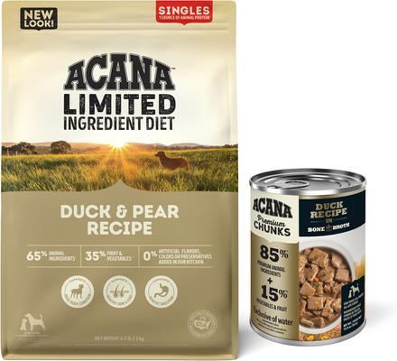 Bundle: ACANA Premium Chunks Duck Recipe in Bone Broth Wet Food + Singles Limited Ingredient Duck & Pear Dry Dog Food