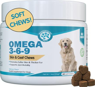Suplemento masticable suave Omega 3-6-9 para la salud de la piel y el pelaje de perros con sabor a salmón ahumado, 60 unidades
