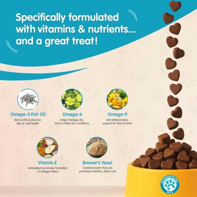 Suplemento masticable suave Omega 3-6-9 para la salud de la piel y el pelaje de perros con sabor a salmón ahumado, 60 unidades