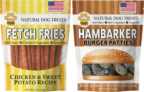 Fetch Fries & Hambarker Combo Beef & Sweet Potato Burger Patties & Chicken & Sweet Potato Jerky Sticks Dog Treats, 10-oz bag