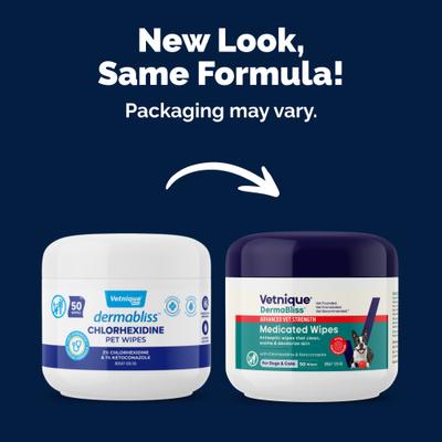 Toallitas Dermabliss medicadas antibacterianas y antifúngicas con clorhexidina para infecciones cutáneas en gatos y perros, 50 unidades