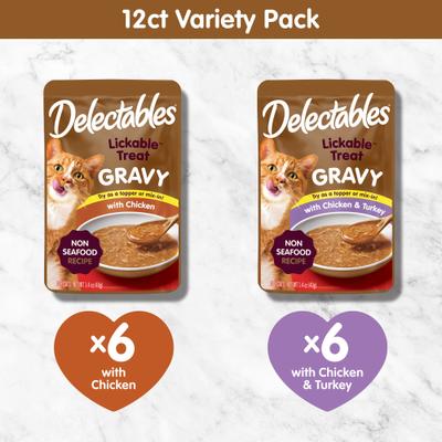 Delectables Lickable Treat Gravy - Paquete variado de premios para gatos sin mariscos, bolsas de 1.4 oz, 12 unidades