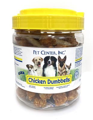 Galletas de cuero crudo Chicken Dumbbells para perros, frasco de 1 lb