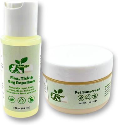 Kit de seguridad para exteriores con protector solar y repelente de pulgas para perros y gatos, 2 unidades, botella de 1 oz y botella de 2 onzas líquidas