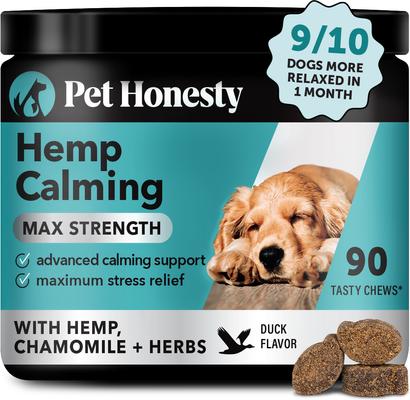 Hemp Calming Max-Strength Duck Flavored Melatonin, Ashwaganda & L-Theanine Chews Calming & Anxiety Supplement for Dogs, 90-count