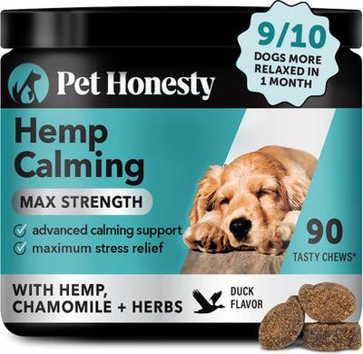 Hemp Calming Max-Strength Duck Flavored Melatonin, Ashwaganda & L-Theanine Chews Calming & Anxiety Supplement for Dogs, 90-count