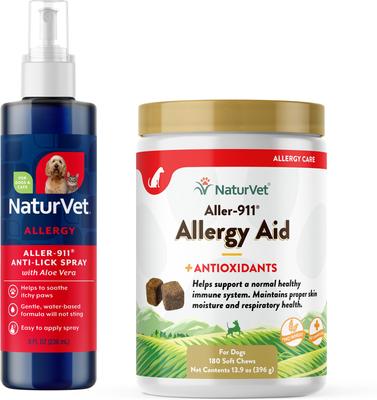 Paquete: NaturVet Aller 911 Allergy Aid Anti-Lick Paw Plus Aloe Vera Dog & Cat Spray, botella de 8 oz y NaturVet Aller-911 Allergy Aid Plus Antioxidants Cat & Dog Chews, 180 unidades