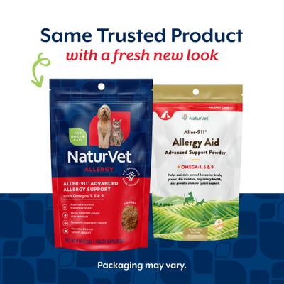 NaturVet, Aller-911 Advanced Allergy Support Powder, polvo con omegas, quercetina y calostro para alergias de perros y gatos, 255 g