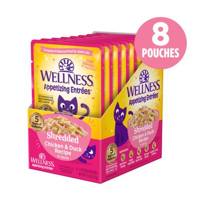 Comida húmeda para gatos desmenuzada, sin cereales y con pollo y pato, de Appetizing Entrees, bolsa de 1.4 oz, caja de 8