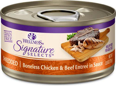 Comida enlatada para gatos CORE Signature Selects de pollo y carne de res desmenuzada y deshuesada en salsa, sin cereales, 2.8 oz, caja de 12