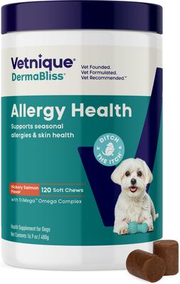 Dermabliss - Suplemento masticable blando para perros con sabor a salmón, para alergias estacionales y apoyo inmunitario, 120 unidades