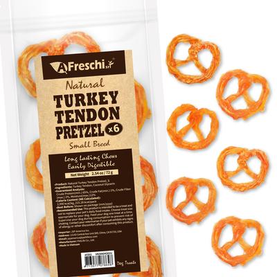 Golosinas masticables para perros con forma de pretzel de tendón de pavo, tamaño pequeño: bolsa de 2.54 oz