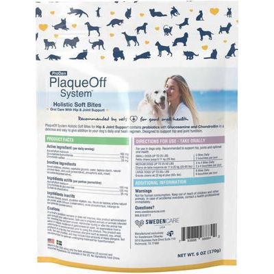 ProDen, PlaqueOff Holistic Soft Bites Oral Care with Hip & Joint, A.N ProDen + Glucosamine + Chondroitin, sabor Camote y Pollo, 170 g.