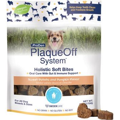 ProDen, PlaqueOff Holistic Soft Bites Oral Care with Gut & Immune Support, A.N ProDen + Bacillus coagulans + Chicory Root, sabor Camote y Calabaza, 170 g.