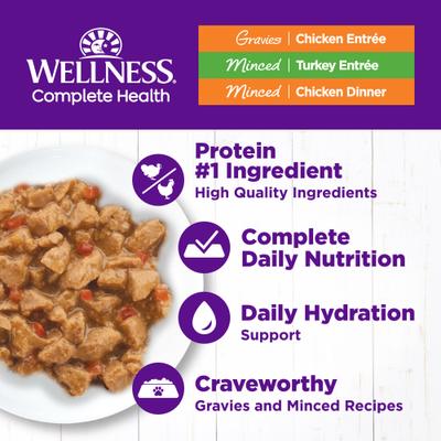 Comida húmeda para gatos Complete Health Chicken & Turkey Lovers Gravies & Minced Variety Pack sin cereales, lata de 3 oz, caja de 12