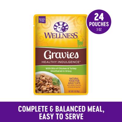 Comida húmeda para gatos Complete Health Healthy Indulgence con trozos de pollo y pavo bañados en salsa, sin cereales, en bolsitas de 3 oz, caja de 24