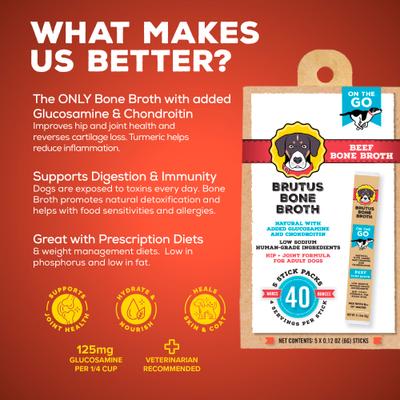 Beef Bone Broth Powder Hip & Joint with Glucosamine On-the-Go Dog Food Topper, 5 count