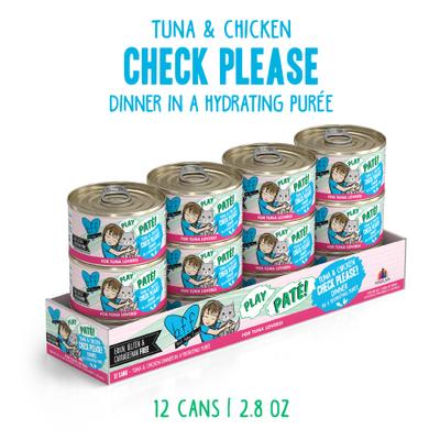 Comida húmeda para gatos Play Pate Lovers Tuna & Chicken Check Please, lata de 2.8 oz, paquete de 12