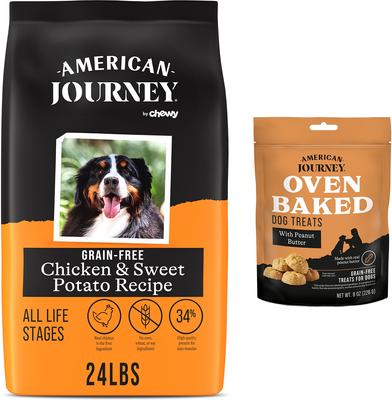 Bundle: American Journey Grain-Free Chicken & Sweet Potato Recipe Dry Dog Food + Peanut Butter Recipe Grain-Free Oven Baked Crunchy Biscuit Dog Treats