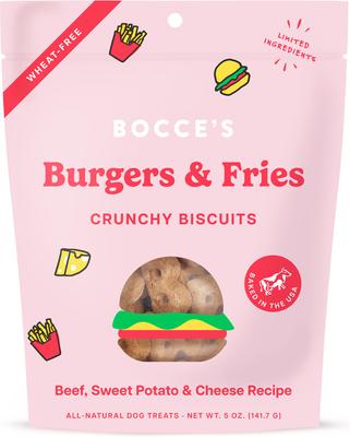Paquete: Hamburguesas y papas fritas Bocce's Bakery, premios para perros con carne, batata y queso (bolsa de 5 oz) + Bocados de entrenamiento Bac'n Nutty PB y tocino (bolsa de 6 oz)