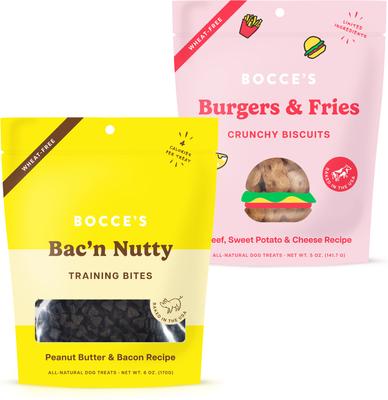 Bundle: Bocce's Bakery Burgers & Fries Beef, Sweet Potatoes & Cheese Dog Treats, 5-oz bag + Bac'n Nutty PB & Bacon Training Bites Dog Treats, 6-oz bag