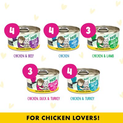 PLAY Best Feline Friend Pate Lovers, Aw Yeah! Fowl Play Yellow Pates Variety Pack Wet Cat Food, 2.8-oz can, case of 18