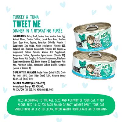 Play Pate Lovers Turkey & Tuna Tweet Me Wet Cat Food, 5.5-oz can, pack of 8