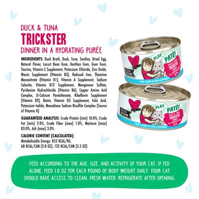 Comida húmeda para gatos Play Pate Lovers Duck & Tuna Trickster, lata de 5.5 oz, paquete de 8