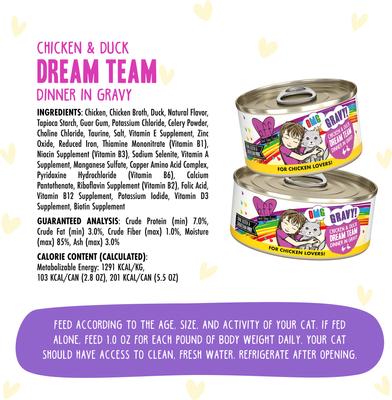 ¡Dream Team! Alimento húmedo enlatado para gatos con pollo y pato en salsa, lata de 75 g, caja de 12