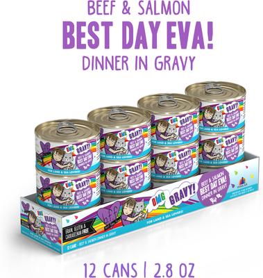 ¡Dios mío, Eva! Cena de carne y salmón en salsa, alimento enlatado sin cereales para gatos, 75 g (caja de 12)