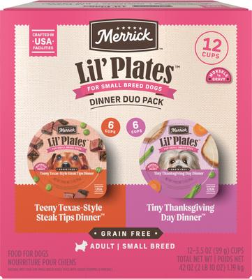 Lil’ Plates Dinner Duos Teeny Texas Steak Tips Dinner & Tiny Thanksgiving Day Dinner Variety Pack Grain-Free Wet Dog Food, envase de 3.5 oz, caja de 12