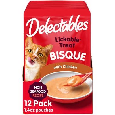 Bisque de golosinas para lamer Delectables, receta sin mariscos con pollo, golosinas para gatos para lamer, 1.4 oz, caja de 12